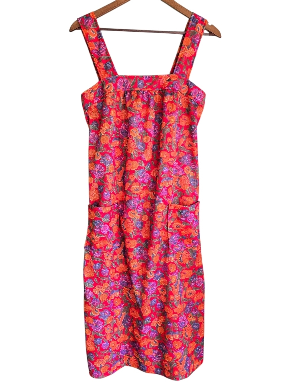 Vintage 1970s Sears Floral Psychedelic Pinafore Apron Dress Red Orange 16.5 - Picture 6 of 14